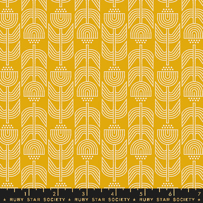 Patterned fabric with geometric design on a yellow background, featuring the Ruby Star Society label.