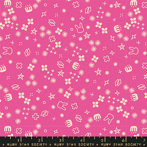 Pink fabric with white geometric patterns and logos on a pink background