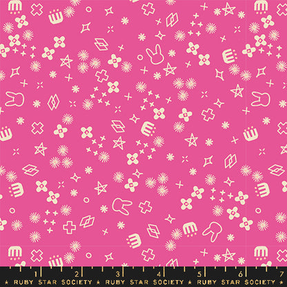 Pink fabric with white geometric patterns and logos on a pink background