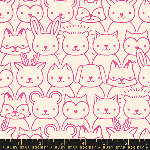 Pattern of pink animal faces on a beige background with Ruby Star Society label.
