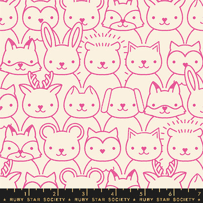 Pattern of pink animal faces on a beige background with Ruby Star Society label.