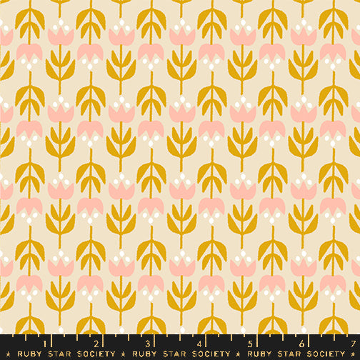 Patterned fabric with pink and gold flowers on a beige background, featuring Ruby Star Society branding.