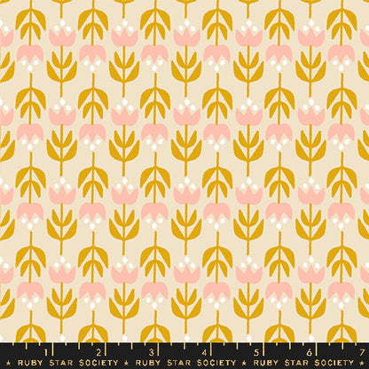 Patterned fabric with pink and gold flowers on a beige background, featuring Ruby Star Society branding.