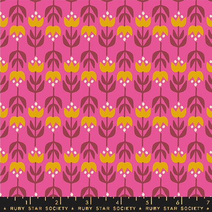 Patterned fabric with yellow and brown flowers on a pink background, featuring Ruby Star Society label.