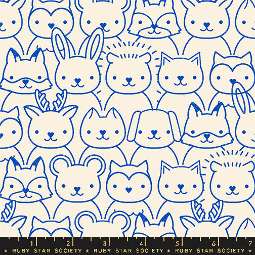 Pattern of white animal faces with blue outlines on a white background, featuring rabbits, cats, and foxes.