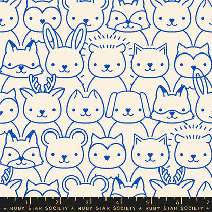 Pattern of white animal faces with blue outlines on a white background, featuring rabbits, cats, and foxes.
