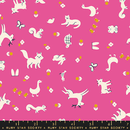 Pattern of white animals and objects on a pink background with a Ruby Star Society label at the bottom.