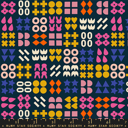 Colorful geometric pattern with shapes on a dark background, featuring the Ruby Star Society logo.