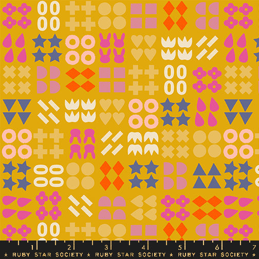 Pattern of geometric shapes in pink, blue, and yellow on a yellow background