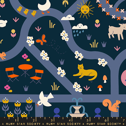 Children's pattern with animals, nature elements, and furniture on a dark blue background.