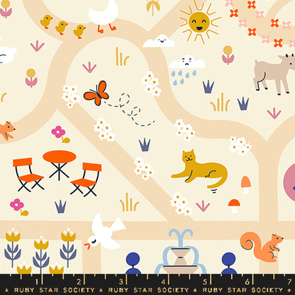A repeating illustrated pattern on a cream background with whimsical animal and object motifs including a butterfly, sun, clouds, flowers, chairs, fountain, deer, fox, rabbit, and birds. A black ruler strip at the bottom shows scale with the text RUBY STAR SOCIETY.