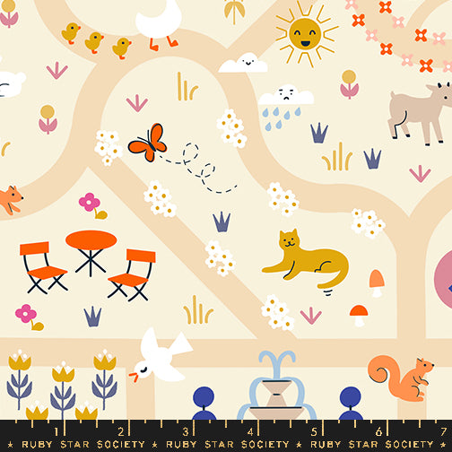 A repeating illustrated pattern on a cream background with whimsical animal and object motifs including a butterfly, sun, clouds, flowers, chairs, fountain, deer, fox, rabbit, and birds. A black ruler strip at the bottom shows scale with the text RUBY STAR SOCIETY.