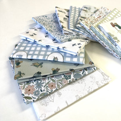 Collection of patterned fabric swatches on a white background