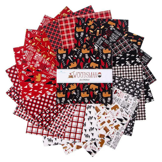 42 piece layer cake named "Woodsman" by Lori Whitlock from Riley Black Fabrics 10" squares.