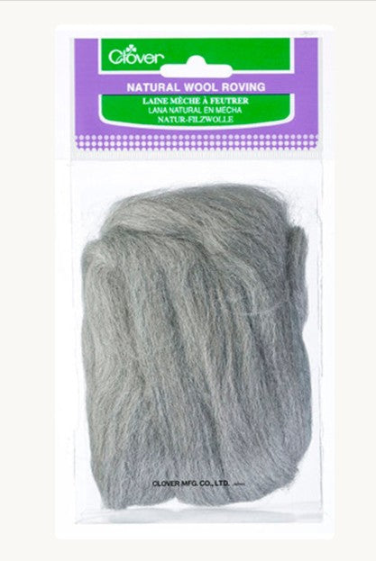 Gray wool roving in a clear package with a Clover label on a white background