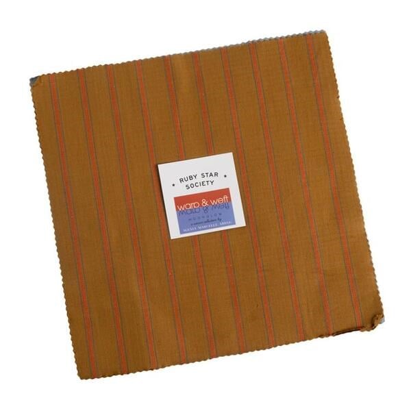 Woven Fabric with brown and red stripes and a label on a white background