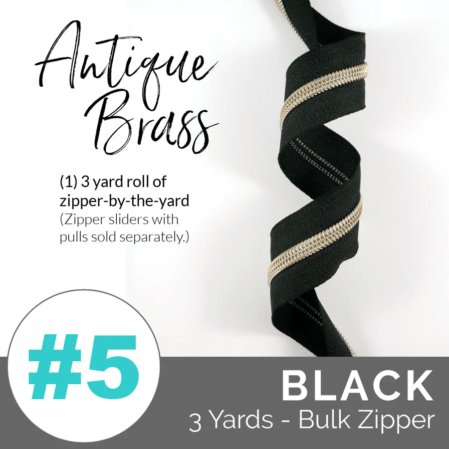 Three Yard Nylon Zipper - Black with Antique Brass