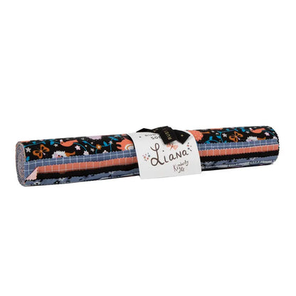 A roll of fabric with a vibrant multicolored pattern, likely to be used as a layer cake for quilting sewing and crafting. Liana by Kim Knight from Ruby Star Society
10" by 10" squares, Bundle of 20