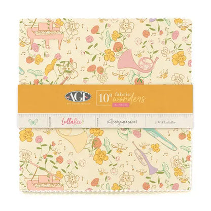A bundle of beige art gallery fabric squares featuring a floral pattern with musical notes design, branded by AGF. LullaBee layer cake of 42 squares. Patty Basemi. 100% Premium Cotton for sewing, quilting, and crafting.