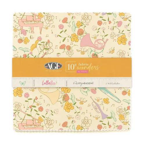 A bundle of beige art gallery fabric squares featuring a floral pattern with musical notes design, branded by AGF. LullaBee layer cake of 42 squares. Patty Basemi. 100% Premium Cotton for sewing, quilting, and crafting.
