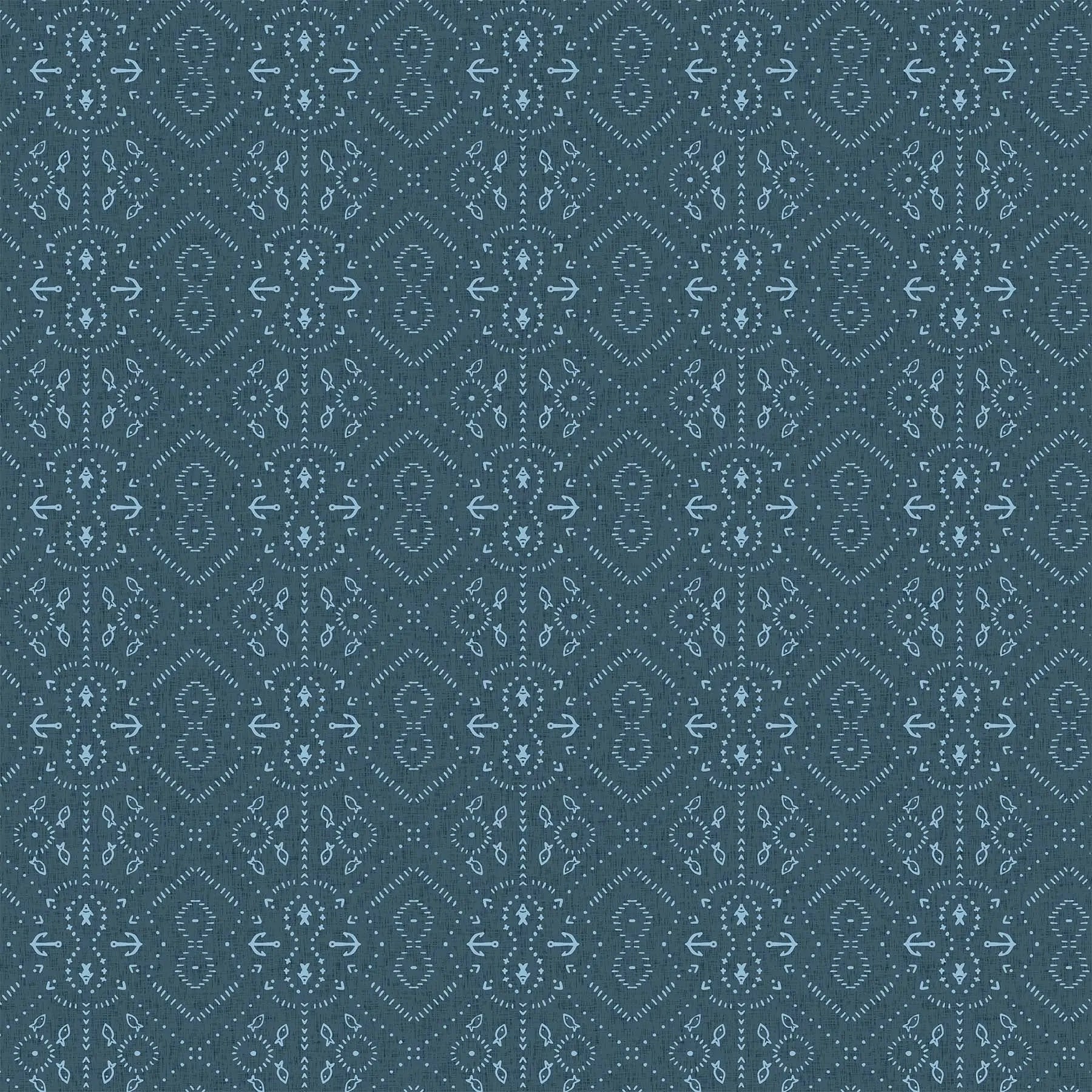 Fabric with a blue background and fish and anchor illustrations. From Calm Waters by FIGO Fabrics. 100% Cotton for quilting, sewing, and crafting.
