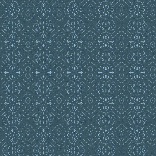 Fabric with a blue background and fish and anchor illustrations. From Calm Waters by FIGO Fabrics. 100% Cotton for quilting, sewing, and crafting.