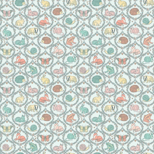 Fabric with a blue background and animal illustrations. From "Festive Fauna" line from Figo Fabrics. 100% Premium Cotton for sewing and crafting. 