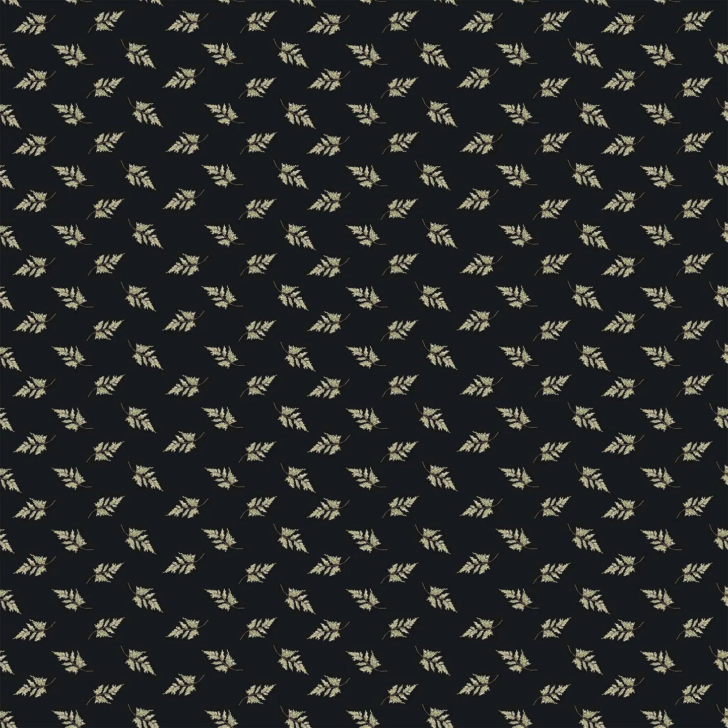 A fabric with a black background featuring a repeating pattern of black leaves. From Heavenly Hedgerow Figo Fabrics 100% cotton for sewing and crafting. 