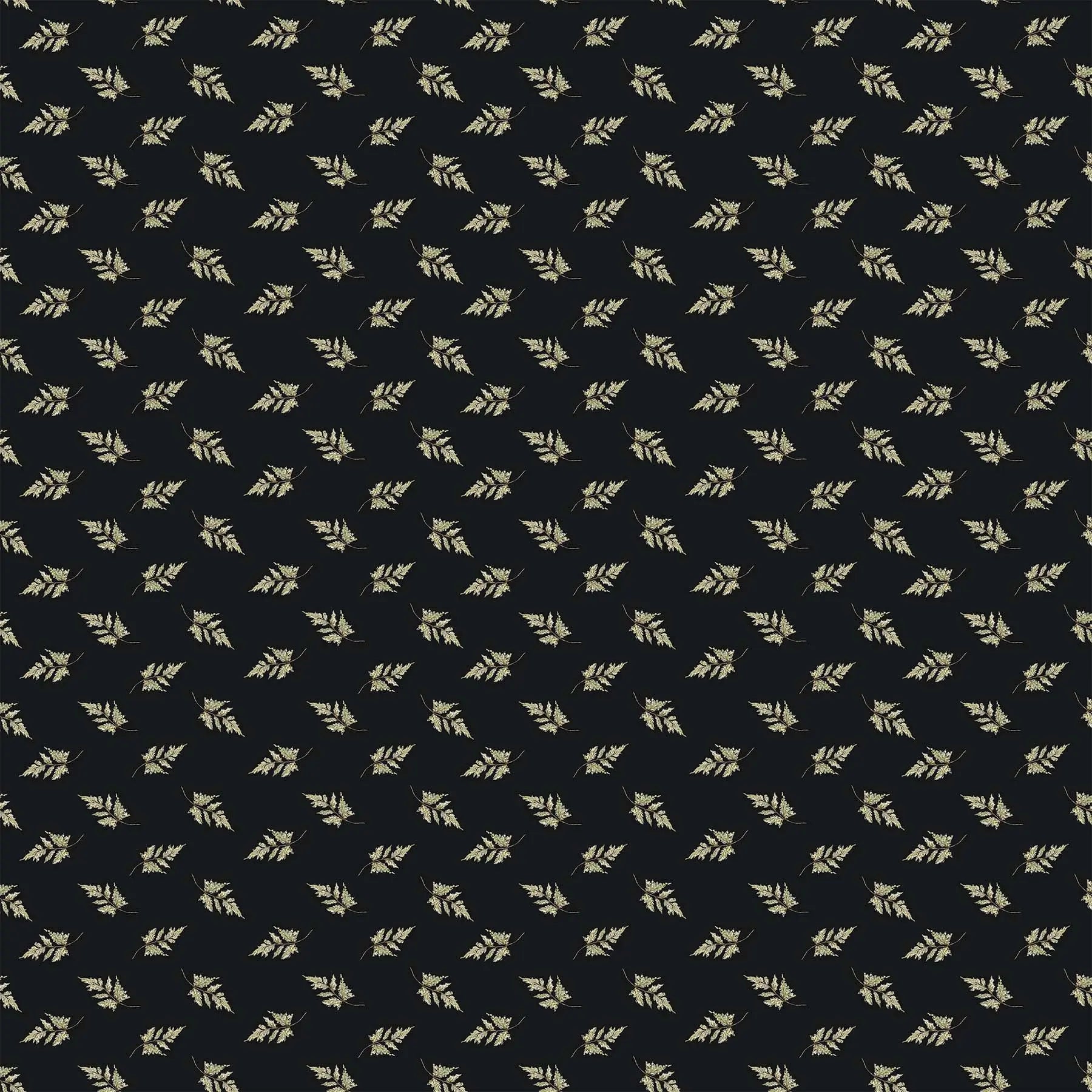 A fabric with a black background featuring a repeating pattern of black leaves. From Heavenly Hedgerow Figo Fabrics 100% cotton for sewing and crafting. 