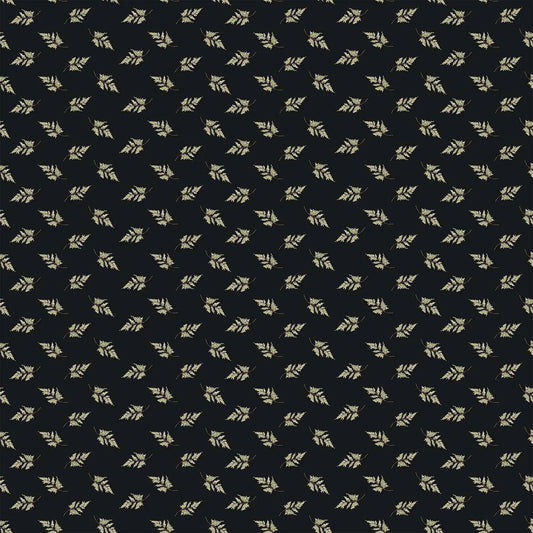 A fabric with a black background featuring a repeating pattern of black leaves. From Heavenly Hedgerow Figo Fabrics 100% cotton for sewing and crafting. 
