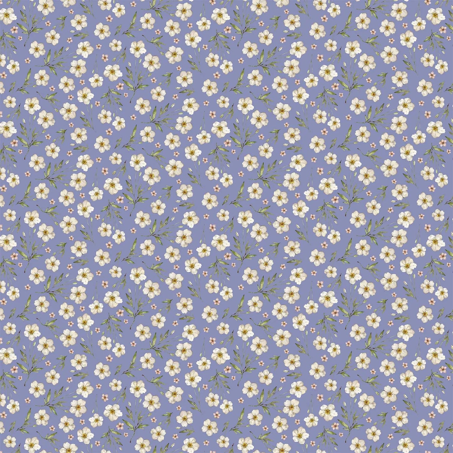 A fabric with a blue background featuring small flower illustrations. From Heavenly Hedgerow Figo Fabrics 100% cotton for sewing and crafting. 