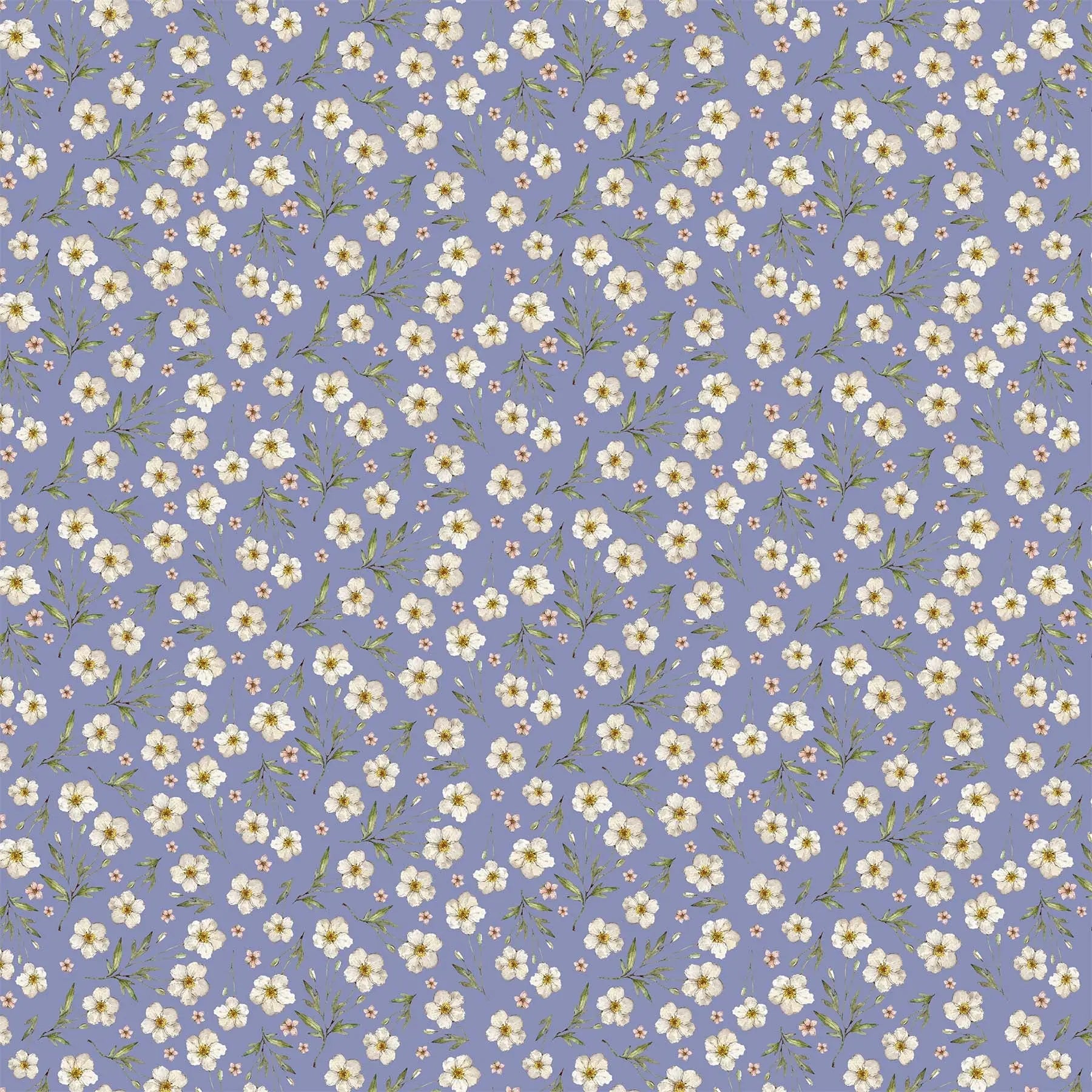 A fabric with a blue background featuring small flower illustrations. From Heavenly Hedgerow Figo Fabrics 100% cotton for sewing and crafting. 
