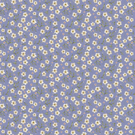 A fabric with a blue background featuring small flower illustrations. From Heavenly Hedgerow Figo Fabrics 100% cotton for sewing and crafting. 