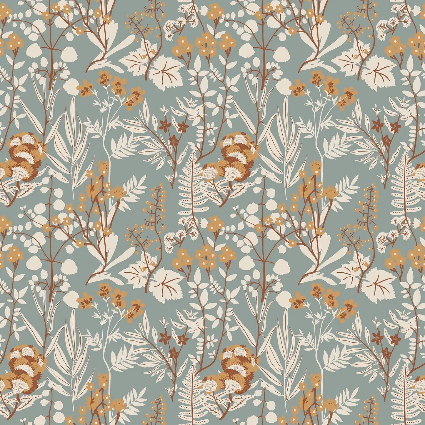A fabric with a blue background and plant leaves and flower illustrations. From wild cottage collection figo fabrics fat quarter bundle.