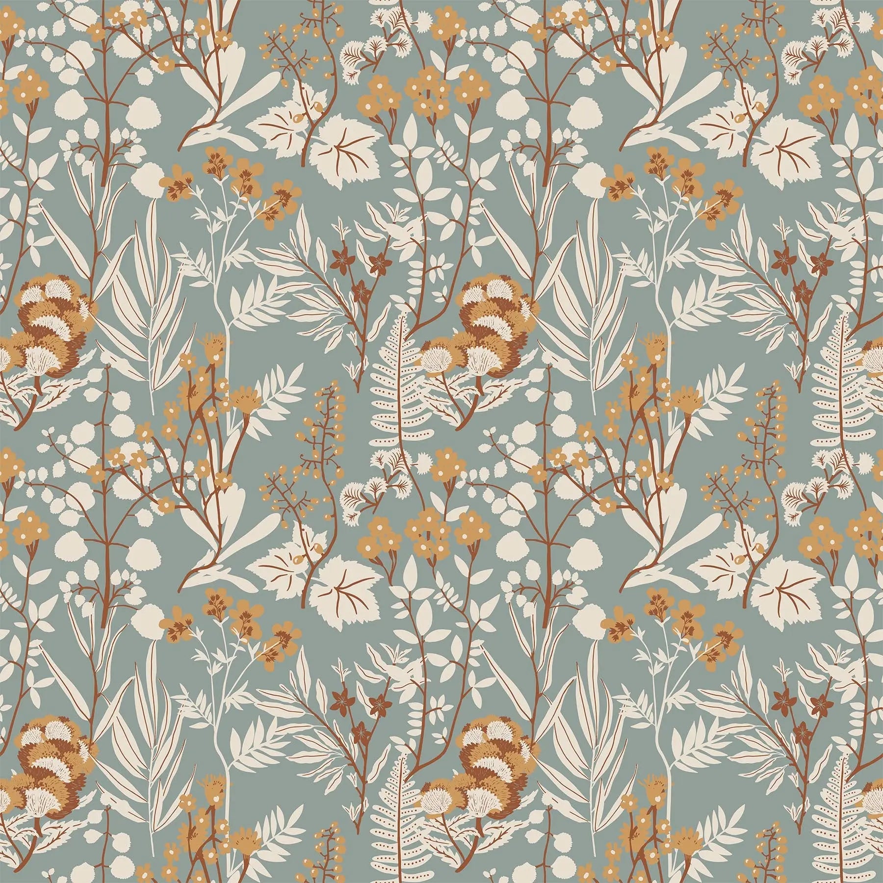 A fabric with a blue background and plant leaves and flower illustrations. From wild cottage collection figo fabrics fat quarter bundle.