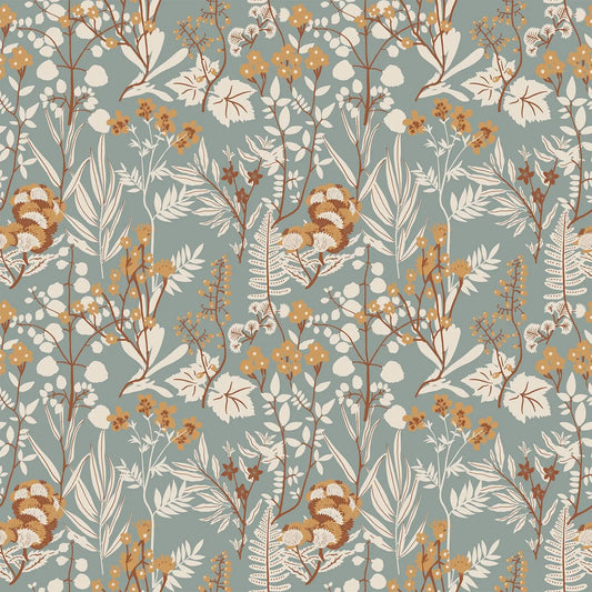 A fabric with a blue background and plant leaves and flower illustrations. From wild cottage collection figo fabrics fat quarter bundle.