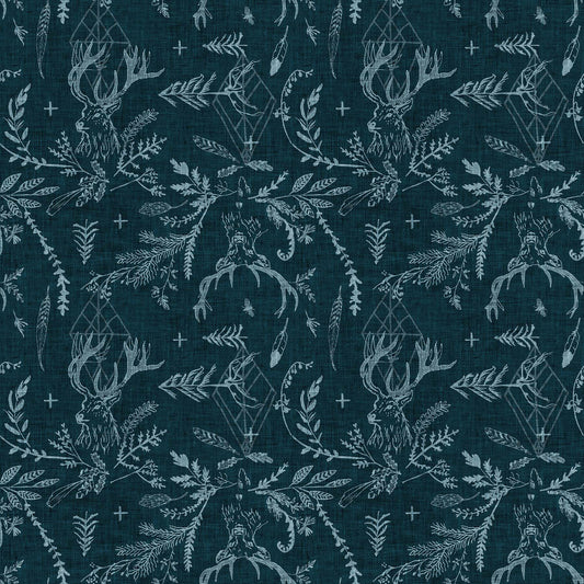 Fabric with a blue background and stages and hunting design. Esther Fallon Lau for Figo Fabrics. 100% Cotton for sewing and crafting.  