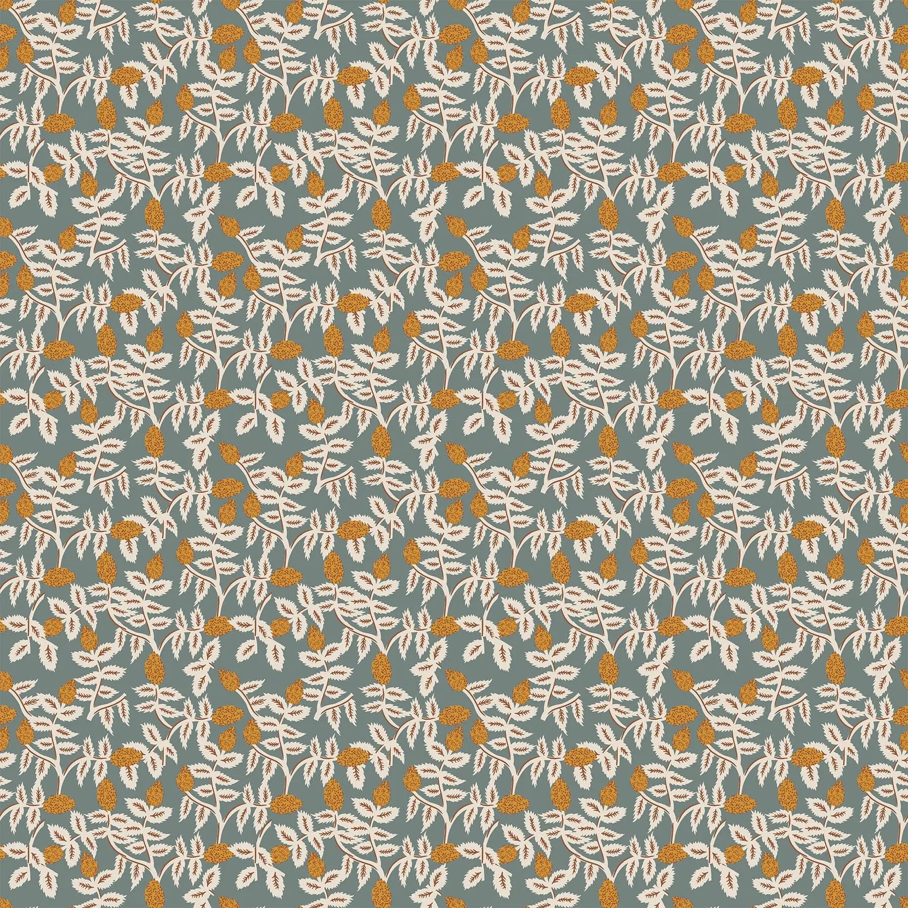 A fabric with a blue background and white and gold trellis pattern. From wild cottage collection figo fabrics fat quarter bundle.