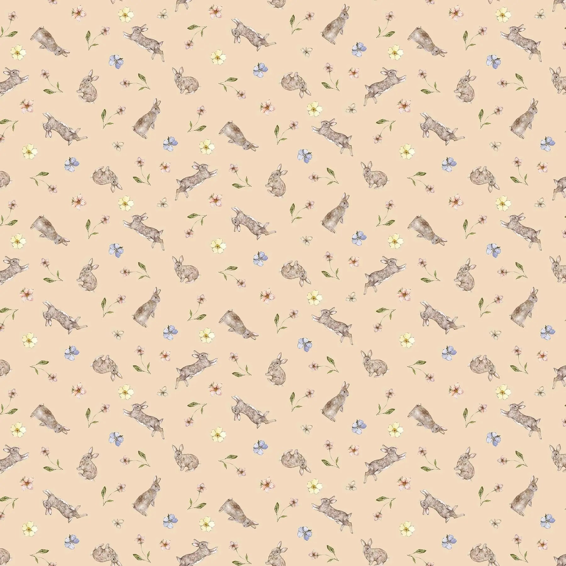 A fabric with a blush background featuring a rabbit and flower illustrations. From Heavenly Hedgerow Figo Fabrics 100% cotton for sewing and crafting. 