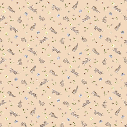 A fabric with a blush background featuring a rabbit and flower illustrations. From Heavenly Hedgerow Figo Fabrics 100% cotton for sewing and crafting. 