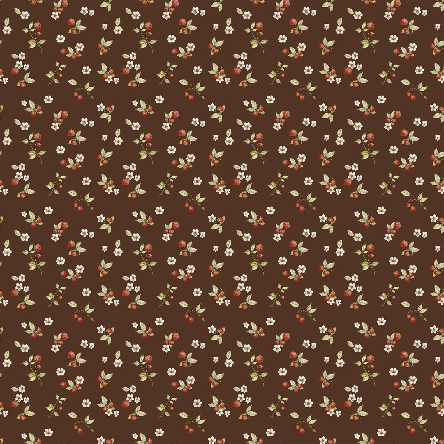 A fabric with a brown background featuring small berry and flower illustrations. From Heavenly Hedgerow Figo Fabrics 100% cotton for sewing and crafting. 