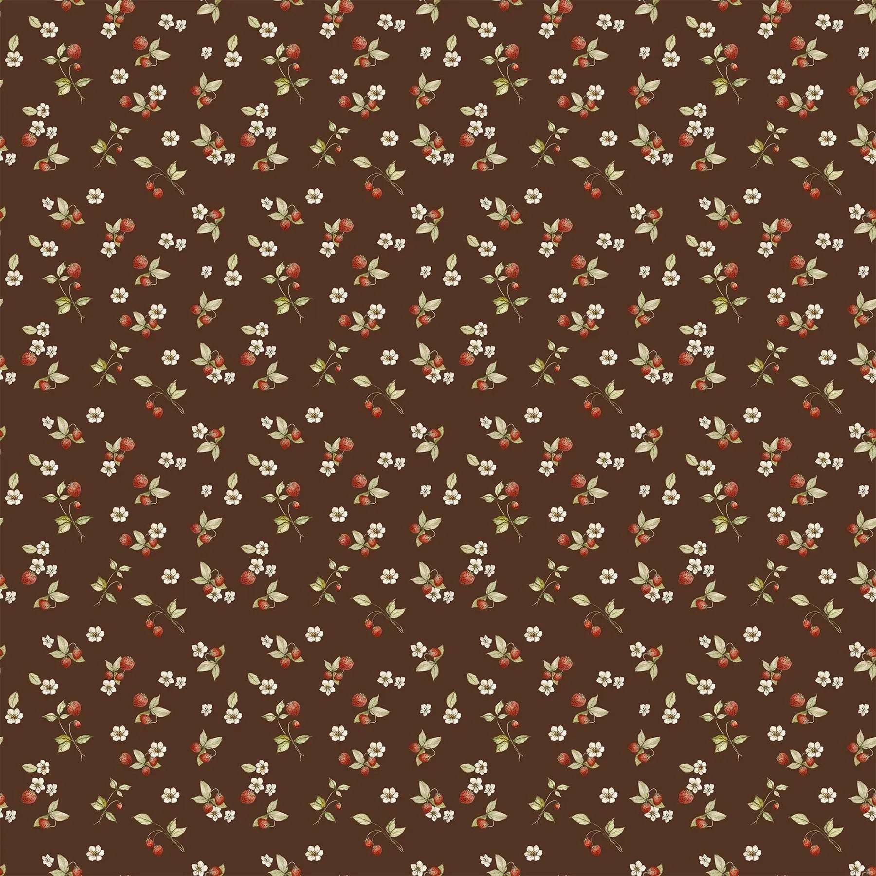A fabric with a brown background featuring small berry and flower illustrations. From Heavenly Hedgerow Figo Fabrics 100% cotton for sewing and crafting. 