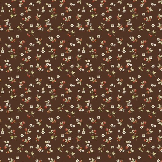 A fabric with a brown background featuring small berry and flower illustrations. From Heavenly Hedgerow Figo Fabrics 100% cotton for sewing and crafting. 