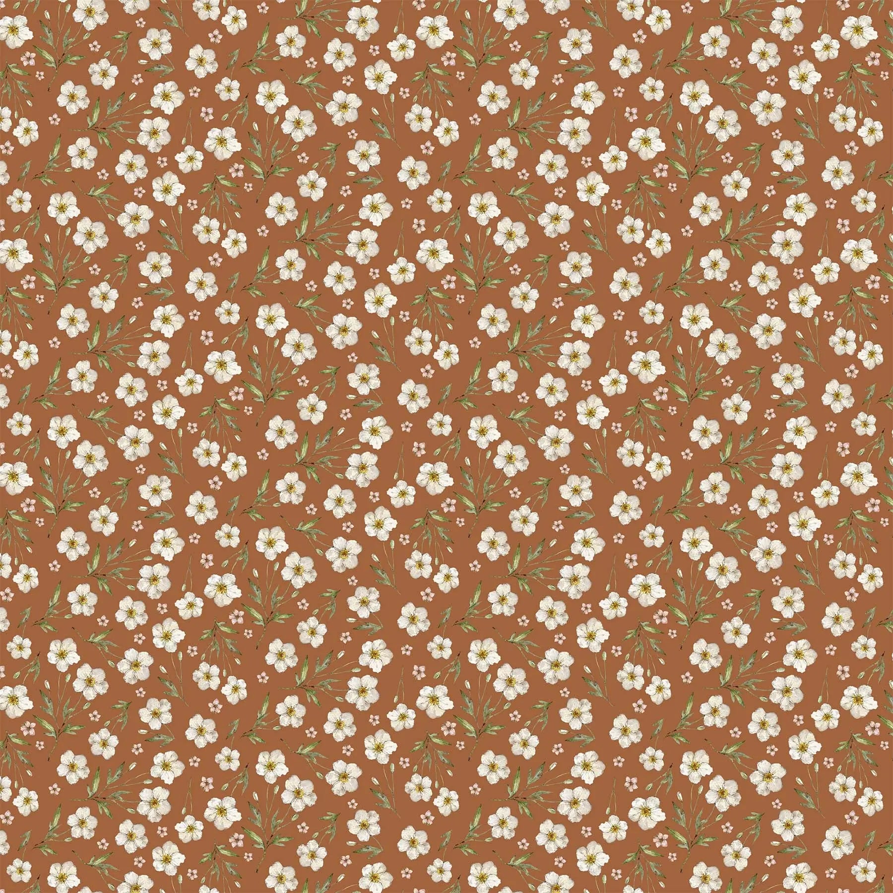 A fabric with a brown background featuring small flower illustrations. From Heavenly Hedgerow Figo Fabrics 100% cotton for sewing and crafting. 