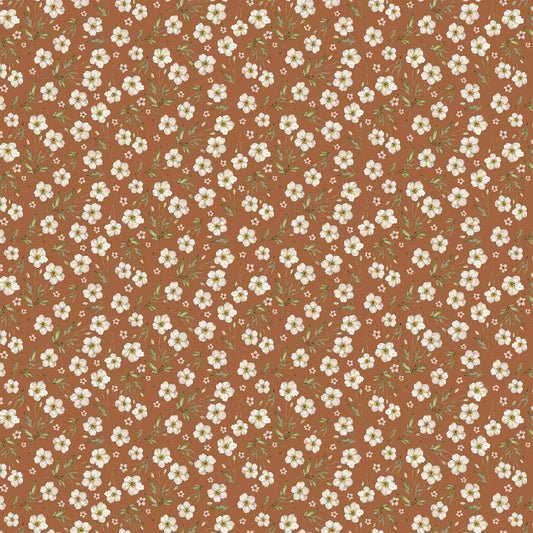 A fabric with a brown background featuring small flower illustrations. From Heavenly Hedgerow Figo Fabrics 100% cotton for sewing and crafting. 