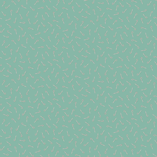Fabric with a light teal background and small candy cane illustrations. Christmas fabric bundle 11 Piece Fat Quarters, Noel by Figo Fabrics. 100% cotton for sewing and crafting. 