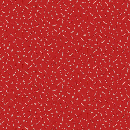 Fabric with a red background and small candycane illustrations. Christmas fabric bundle 11 Piece Fat Quarters, Noel by Figo Fabrics. 100% cotton for sewing and crafting. 