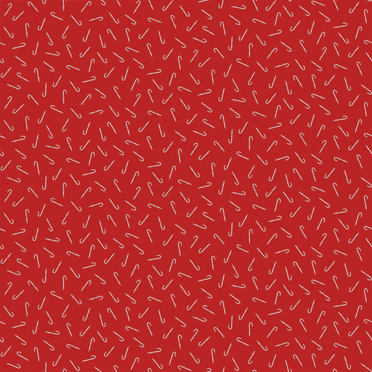 Fabric with a red background and small candycane illustrations. Christmas fabric bundle 11 Piece Fat Quarters, Noel by Figo Fabrics. 100% cotton for sewing and crafting. 