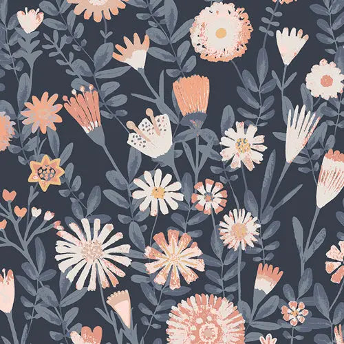 A canvas fabric with a floral pattern featuring various shades of pink, white, and blue flowers and leaves on a darker background. 100 % Cotton Canvas from Art Gallery Fabrics