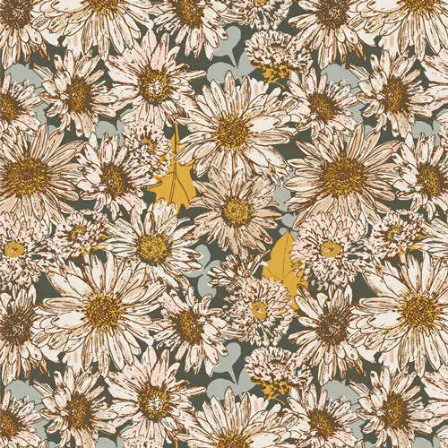 Fabric with a green background and daisy illustrations. Bundle of 16 fat quarters. "Shine On" by Sharon Holland for Art Gallery Fabrics. 100% premium cotton for sewing and crafting. 
